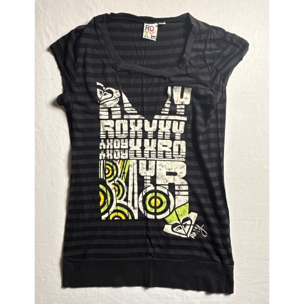 Roxy Womens Large Black Striped Graphic Scoop Neck Short Sleeve T-Shirt Y2K-2570